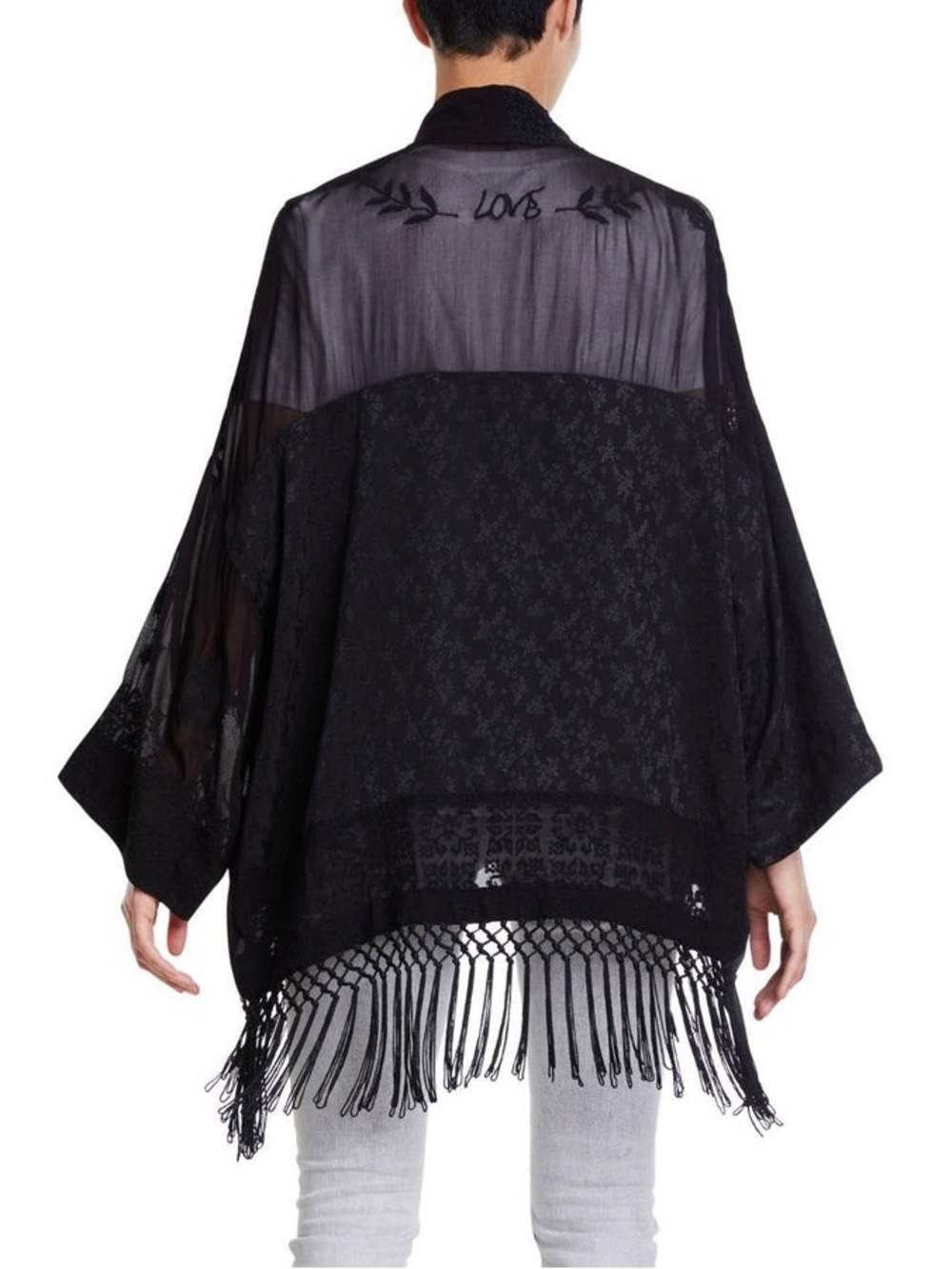 Desigual Grunge Fairycore Sheer Kimono Jacket Embroidered Script & Fringe NWT